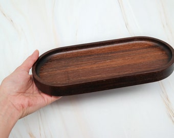 Walnut Wood Oval Catchall Tray for Soap Bottle and Jewelry, Bathroom Vanity Wooden Tray for Counter,Oval Trinket Tray for Kitchen Sink decor