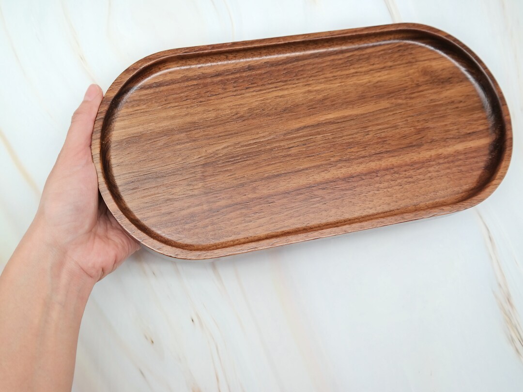 Bathroom Vanity Wooden Tray for Counter, Walnut Wood Oval Catchall Tray