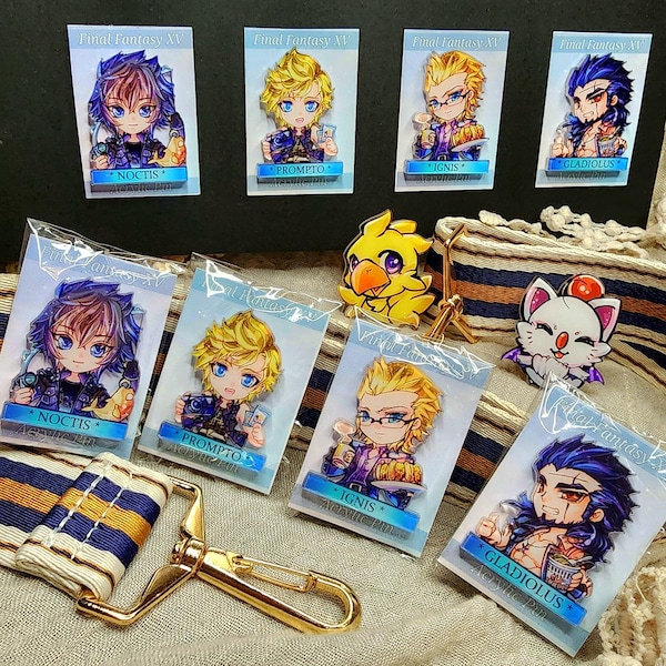 Final Fantasy XV 15// Acrylic Pin // Noctis, Prompto, Ignis, Gladiolus, Chocobo and Mog