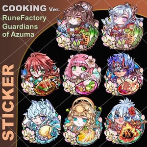 Pode incluir: Uma folha de adesivos com personagens em estilo anime de "RuneFactory Guardians of Azuma" com tema de culinária. Cada personagem é retratado com comida, rodeado por flores, em um fundo preto. A palavra "STICKER" é impressa verticalmente à esquerda.