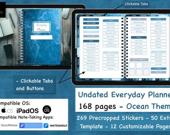 UNDATED Everyday Planner-Ocean Theme, Digitaler Tagesplaner, iPad Planner, GoodNotes Planner, Notability Planner