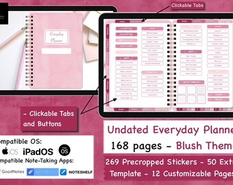 UNDATED Everyday Planner-Blush Theme, Digitaler Tagesplaner, iPad Planner, GoodNotes Planner, Notability Planner