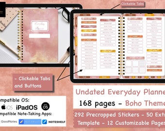 UNDATED Everyday Planner-Boho Theme, Daily Digital Planner, iPad Planner, GoodNotes Planner, Notability Planner