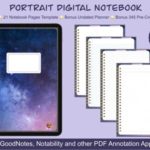 May include: A digital notebook with a space theme. The cover features a galaxy design with stars and a nebula. The notebook includes 182 pages, 21 notebook page templates, an undated planner, and 345 pre-cropped stickers. The notebook is compatible with GoodNotes, Notability, and other PDF annotation apps on iPad.