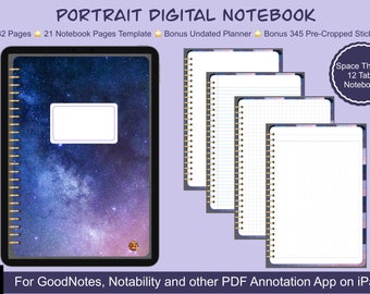 Digitales Hyperlinked Notebook, Portrait Space Theme, Digitales Notizbuch für GoodNotes, Notability oder PDF Annotation Apps, iPad Notebook