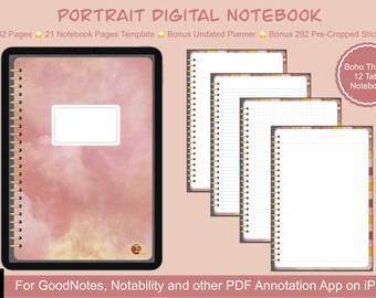 Digitales Hyperlinked Notebook, Portrait Boho Theme, Digitales Notizbuch für GoodNotes, Notability oder PDF Annotation Apps, iPad Notebook
