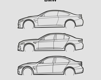 May include: A line drawing illustration of three BMW car models: a BMW M3, a BMW M5, and a BMW M4. The cars are shown in profile view.
