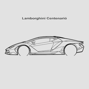Op de afbeelding: Lijntekening van een Lamborghini Centenario, een slanke, lage sportwagen met een onderscheidend profiel.