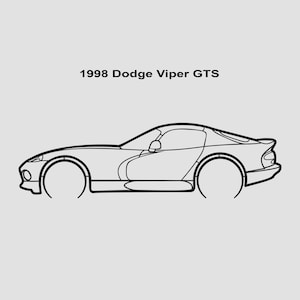 May include: A black and white line drawing of a 1998 Dodge Viper GTS sports car. The car is viewed from the side and is facing to the right.