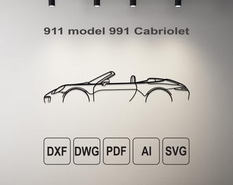 May include: A black line drawing of a 911 model 991 Cabriolet car is displayed on a white wall. The text "911 model 991 Cabriolet" is above the car image. Below the car image are the file type icons: DXF, DWG, PDF, AI, and SVG.