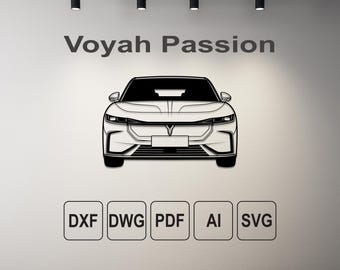 May include: A black and white line drawing of a car, with the text "Voyah Passion" above it. Below the car are the file type icons: DXF, DWG, PDF, AI, and SVG.