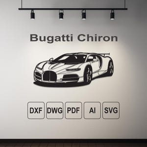 Może przedstawiać: Czarno-biała ilustracja wektorowa Bugatti Chiron, luksusowego samochodu sportowego. Obraz zawiera tekst "Bugatti Chiron" i opcje formatu pliku: DXF, DWG, PDF, AI i SVG.