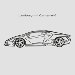 Op de afbeelding: Zwarte lijntekening van een Lamborghini Centenario sportwagen op een lichtgrijze achtergrond. De auto is van opzij te zien, met de tekst "Lamborghini Centenario" erboven. Het ontwerp en de wielen van de auto zijn gedetailleerd.