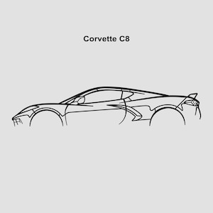 May include: A black and white line drawing of a Corvette C8 sports car. The car is shown in profile view, with the front of the car facing the left side of the image.