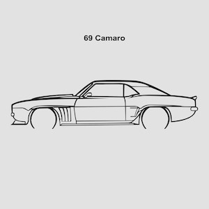 May include: A black and white line drawing of a 1969 Chevrolet Camaro. The car is drawn in profile, with the driver's side facing the viewer. The car has a long hood, a sloping roofline, and a rounded rear end. The text "69 Camaro" is written above the car.