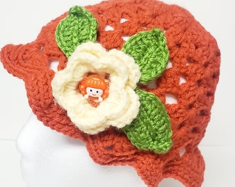 Knitted Orange Hat for Girls/ Knitted Hat with Yellow Flower/ Crochet Hat for Girl/ Spring Knitted Hat