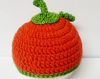 Pumpkin Shaped Knitted Beanie for Baby/ Orange Crochet Hat for Baby/ Unisex Knitted Hat for Babies/ Fall Color Hat/ Autumn Beanie