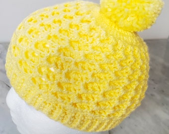 Yellow Crochet Hat with Big Pom Pom / Knitted Beanie with Large PomPom/ Toddlers/ Winter Hat