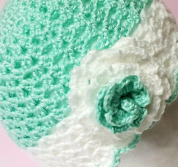 Knitted White and Light Green Hat for Girls/ Beanie for Girls/ Winter Hat 12 month to 3 years old girl