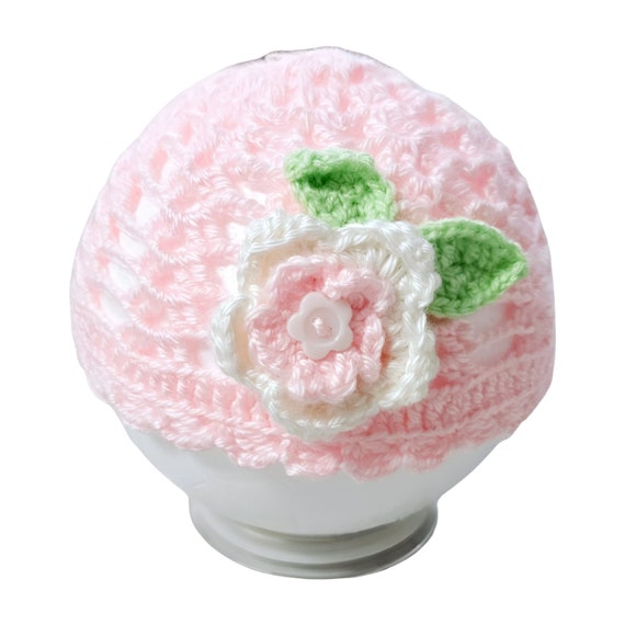 Pink Baby Girl Crochet Hat with Flower/ Knitted Beanie for Baby