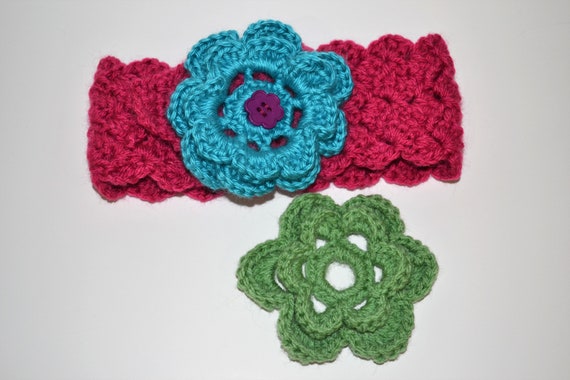 Knitted Head Band with Interchangeable Flowers, Fucsia Crochet Headband with Interchangeable Green and Aqua Crochet Flowers