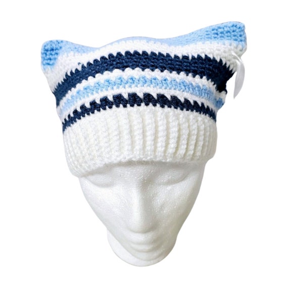 Crochet Hat/ Cat Ear Crochet Hat/ Blue and White Knitted Hat for Adults