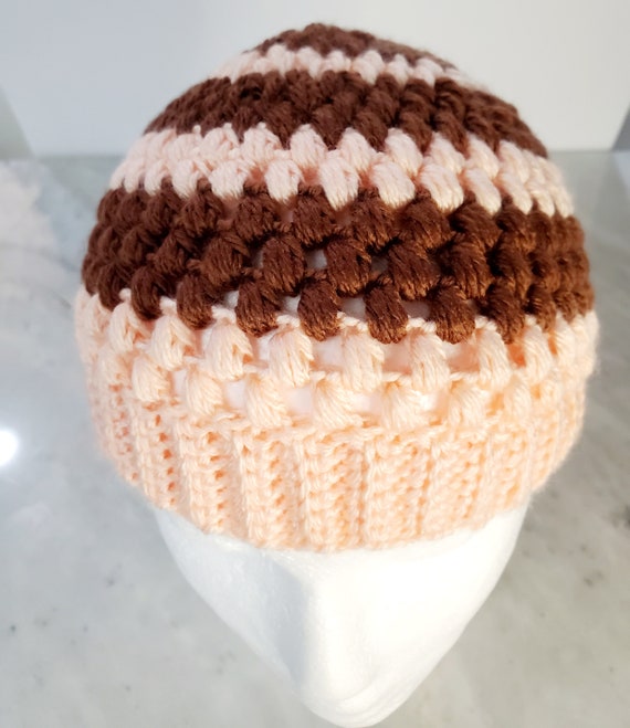 Brown and Peach Crochet Hat for Kids/ Knitted Beanie for Toddlers (1 to 3 Years Old)/ Winter Hat