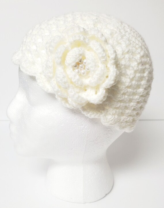 White Crochet Hat/ Knitted Hat/ Crochet Hat for Girls/ Crochet Hat with a Rose/ Off White Hat/ Beanie