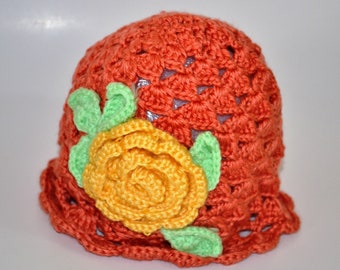 Girl Crochet Hat/ Flower Hat/ Girl Winter Hat / Salmon Color Hat/ Fall Hat for Girls