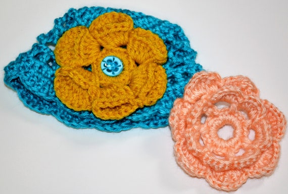 Knitted beanie hat for dolls/ Aqua knitted hat with two yellow and peach interchangeable flowers