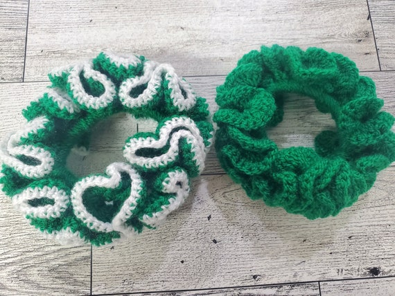 Crochet Scrunchie/ Set of two scrunchies/ Knitted Green and White set of scrunchies.