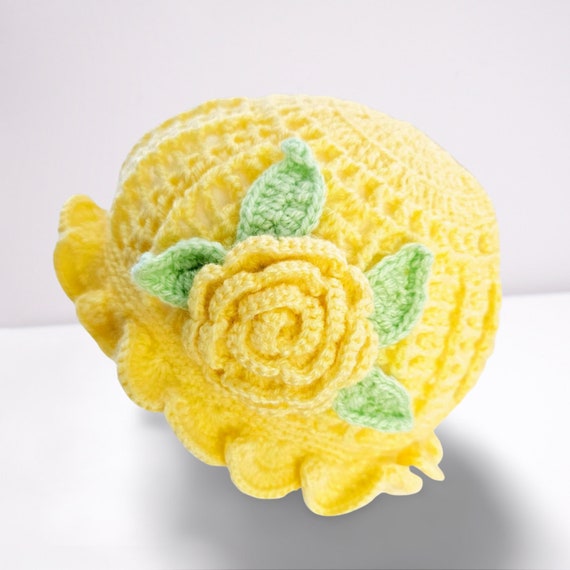 Crochet Hat Girl's Hat Winter Fashion Accessories Yellow Crochet Handmade with Flower Crochet Beanie