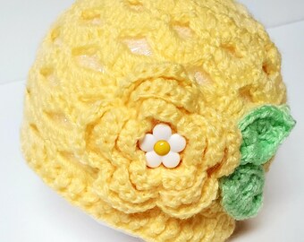 Yellow Knitted Beanie 16" with Flower/ Crochet Hat for Baby Girl/ Yellow Crochet Hat for Babies