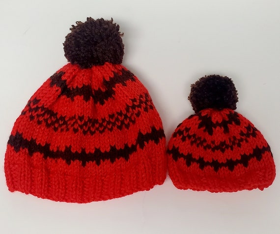 Red and brown knitted hat set for girl and doll/ American girl doll and girl hat set/ Knitted Hat Set/ Crochet Hat Set Girl and Doll