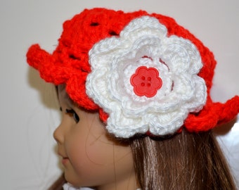 Crochet Hat for Doll/ Knitted Hat for American Girl Doll/Red Crochet Hat for Dolls/Crochet Flower White