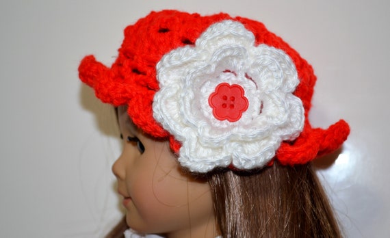 Crochet Hat for Doll/ Knitted Hat for American Girl Doll/Red Crochet Hat for Dolls/Crochet Flower White