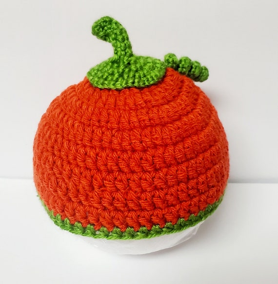 Pumpkin Shaped Knitted Beanie for Baby/ Orange Crochet Hat for Baby/ Unisex Knitted Hat for Babies/ Fall Color Hat/ Autumn Beanie
