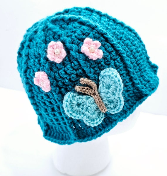 Aqua Crochet Hat with Blue Butterfly and Pink Flowers with Pearls/  Handmade Knitted Beanie for Girls/ Unique/ Handmade/Crochet Bucket Hat
