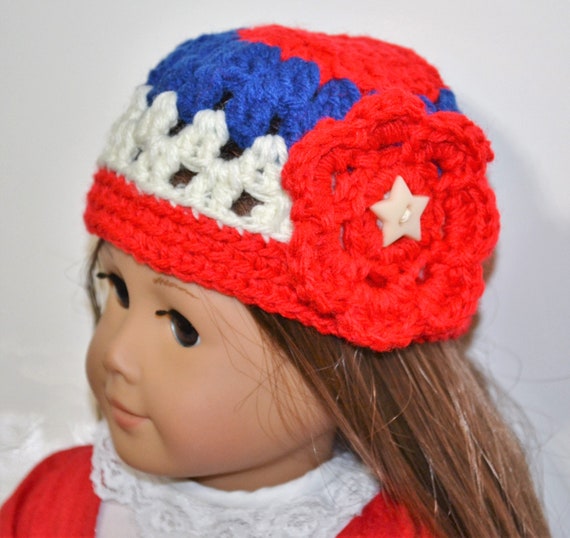 Patriotic Crochet Hat for Dolls/ Patriotic Knitted Hat for American Girl Doll/ Red, White and Blue Crochet hat for Dolls