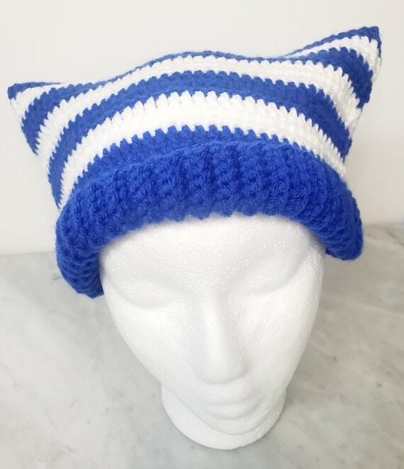 Beautiful Crochet White and Blue Cat Hat / Knitted Cat Hat/