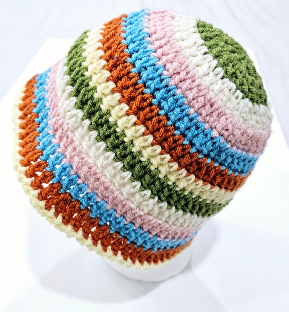 Multicolored Crochet Hat For Adults/ Knitted Beanie for Adults/ Striped Crochet Bucket Hat/ Handmade/Unique/Unisex