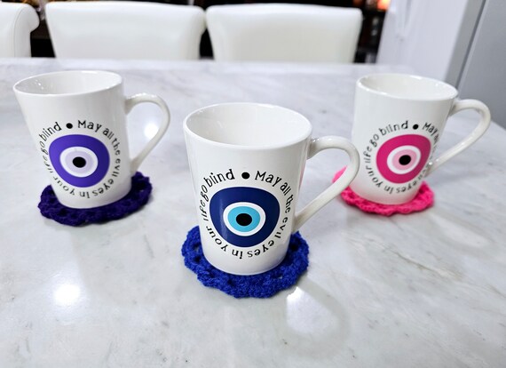 Evil Eye Mug with Crochet Coaster/ Coffee Mug with Knitted Coaster
