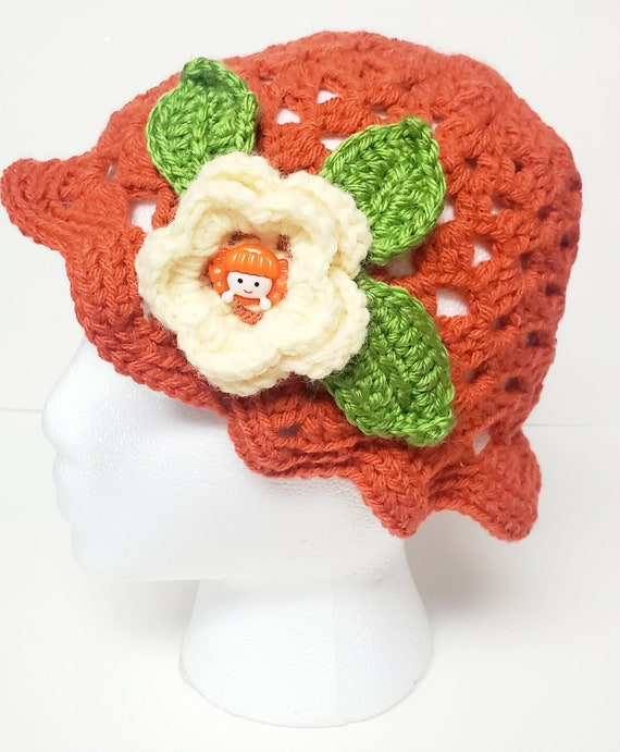 Knitted Orange Hat for Girls/ Knitted Hat with Yellow Flower/ Crochet Hat for Girl/ Spring Knitted Hat