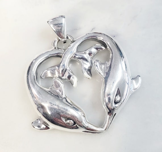 Sterling Silver 925 Dolphins Heart Shape Pendant