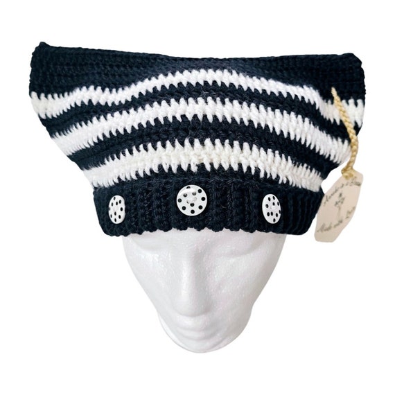 Black and White Crochet Cat Ear Hat/ Cat Ear Knitted Beanie/ Winter Hat/ Handmade Crochet