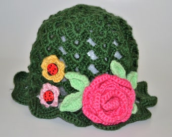 Girls Hat/ Forest Green/ Crochet Hat/ Knitted Hat/ Flower Hat/ Girl Winter Hat/ Ladybug