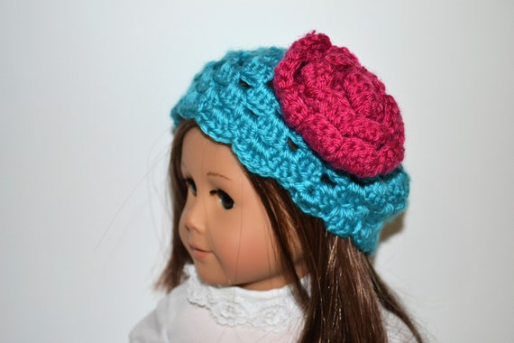 Knitted beanie hat for dolls/ Aqua knitted hat with Pink Rose for dolls