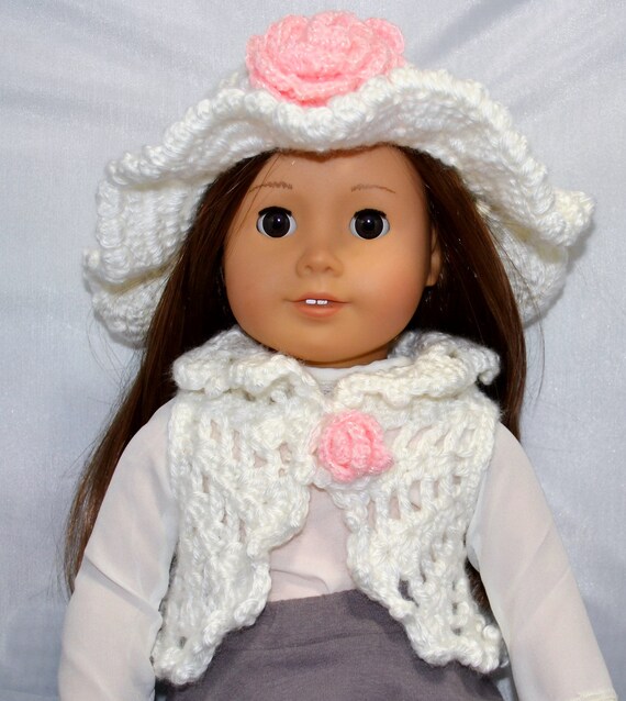 Knitted Hat and Vest Set for American Girl Doll/ White Crochet Set for Dolls/ White Crochet Set with Pink Flowers