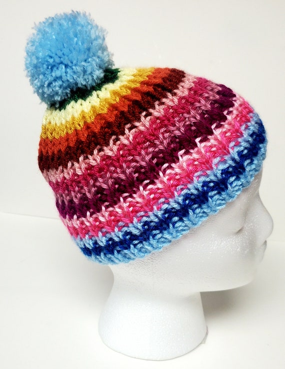 Multicolor Knitted Hat for Kids/ Knitted Hat with PomPom/ Crochet Hat for Kids/ Birthday Gift/