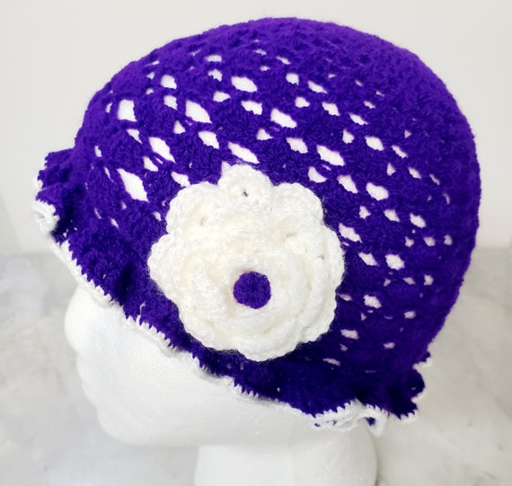 Purple and White Crochet Hat with Flower for Girls/ Knitted Hat
